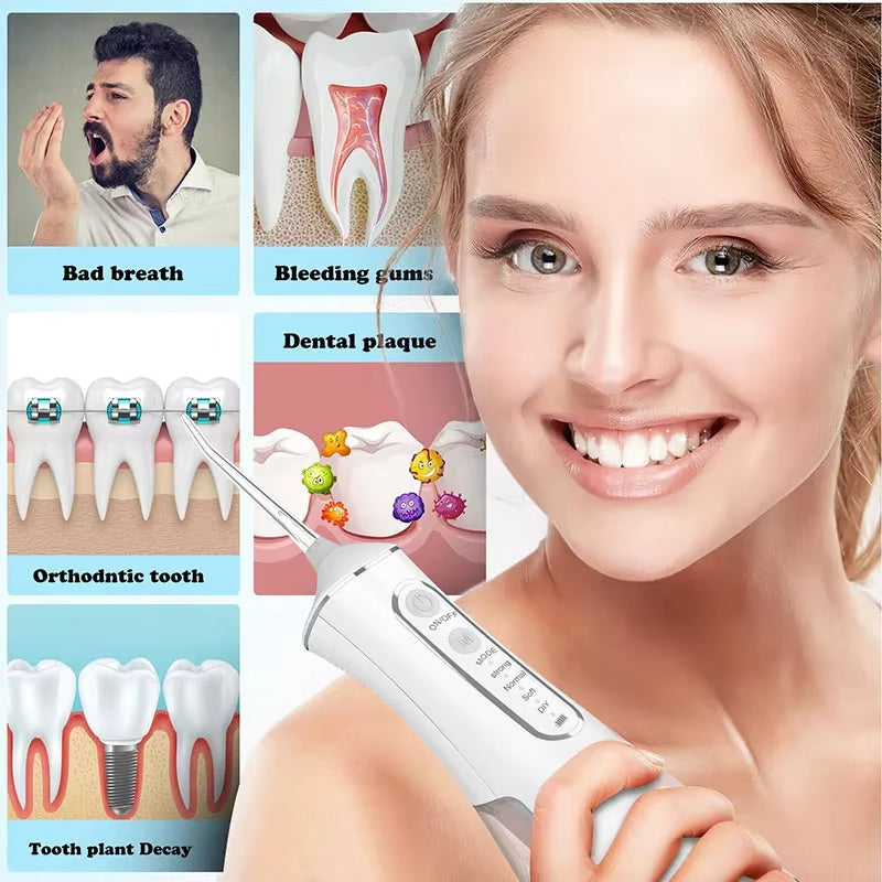 Oral Irrigator Portable Dental Water Flosser USB Rechargeable Water Jet Floss Tooth Pick 4 Jet Tip 220ml 3 Modes IPX7 1400rpm