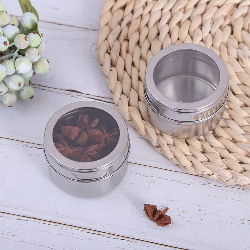 Magnetic Spice Jars Set - 9 Stainless Steel Tins with Lids & Labels