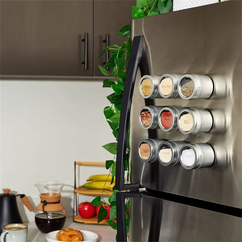 Magnetic Spice Jars Set - 9 Stainless Steel Tins with Lids & Labels