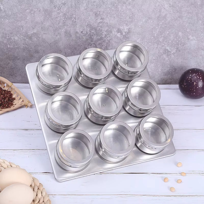 Magnetic Spice Jars Set - 9 Stainless Steel Tins with Lids & Labels