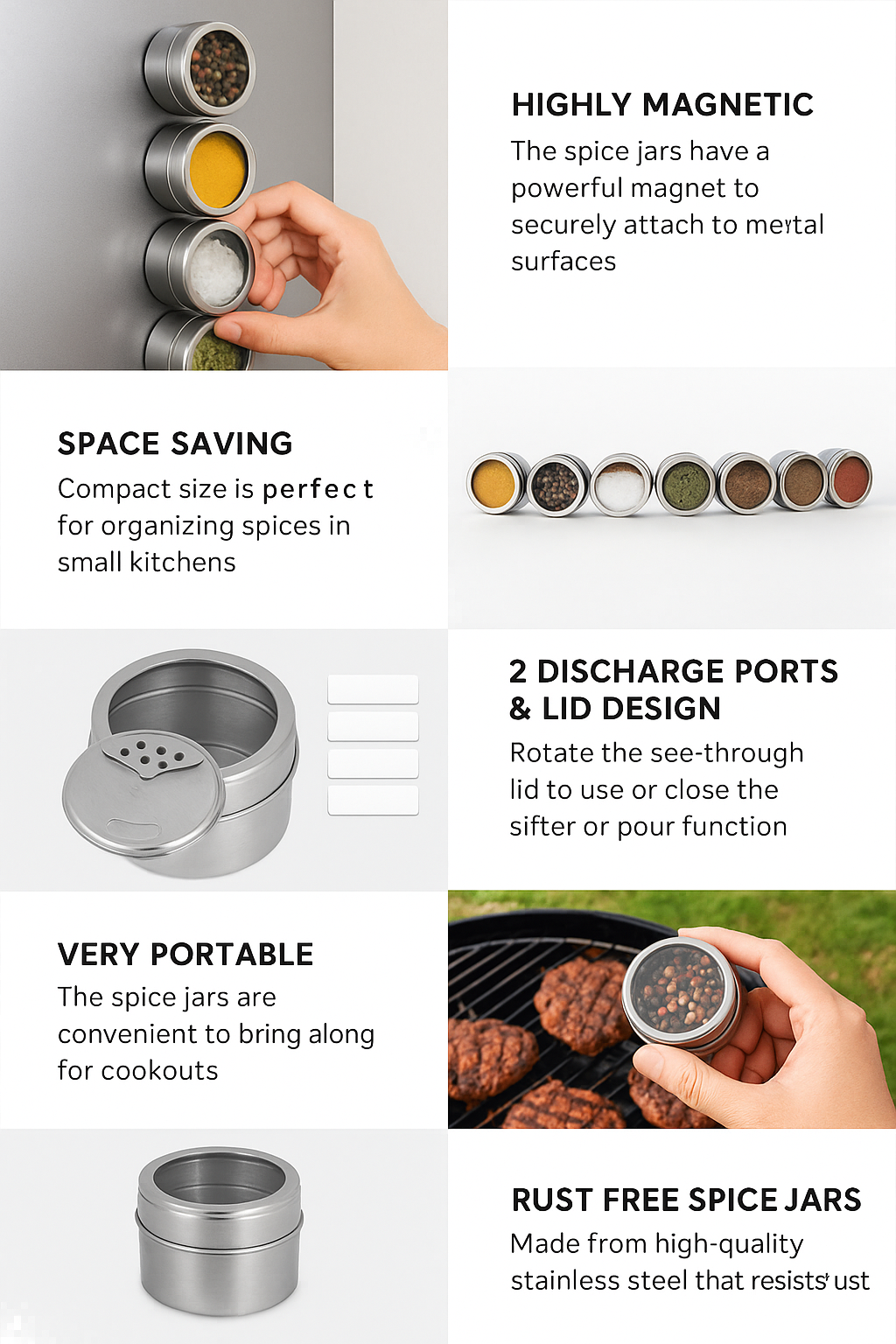 Magnetic Spice Jars Set - 9 Stainless Steel Tins with Lids & Labels