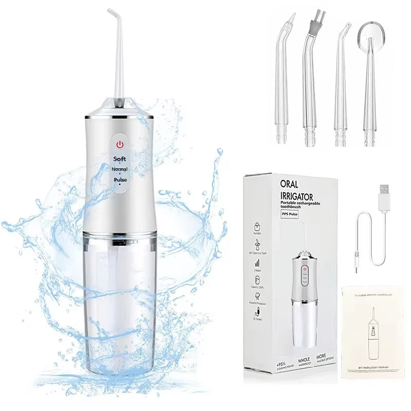 Oral Irrigator Portable Dental Water Flosser USB Rechargeable Water Jet Floss Tooth Pick 4 Jet Tip 220ml 3 Modes IPX7 1400rpm