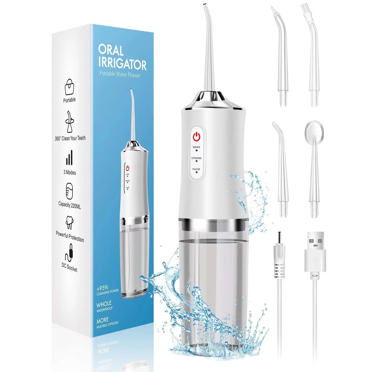 Oral Irrigator Portable Dental Water Flosser USB Rechargeable Water Jet Floss Tooth Pick 4 Jet Tip 220ml 3 Modes IPX7 1400rpm