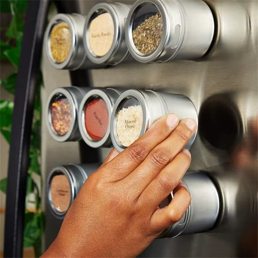 Magnetic Spice Jars Set - 9 Stainless Steel Tins with Lids & Labels