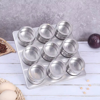 Magnetic Spice Jars Set - 9 Stainless Steel Tins with Lids & Labels