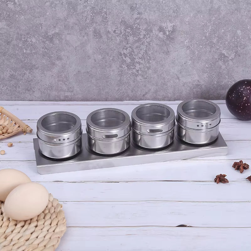 Magnetic Spice Jars Set - 9 Stainless Steel Tins with Lids & Labels