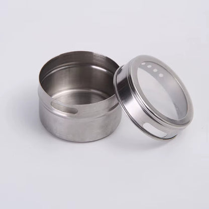 Magnetic Spice Jars Set - 9 Stainless Steel Tins with Lids & Labels